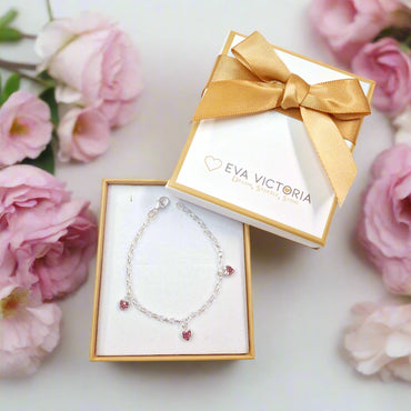 3 Pink Hearts Sterling Silver Charm Bracelet