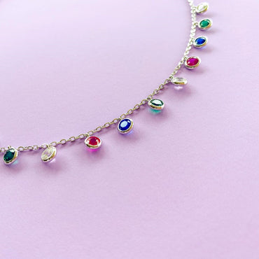 Sterling Silver Chain Bracelet with Multicolour Charms