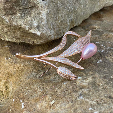 Pink Pearl Floral Ruby Rose Gold Brooch