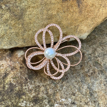 White Pearl Floral Diamante Rose Gold Brooch