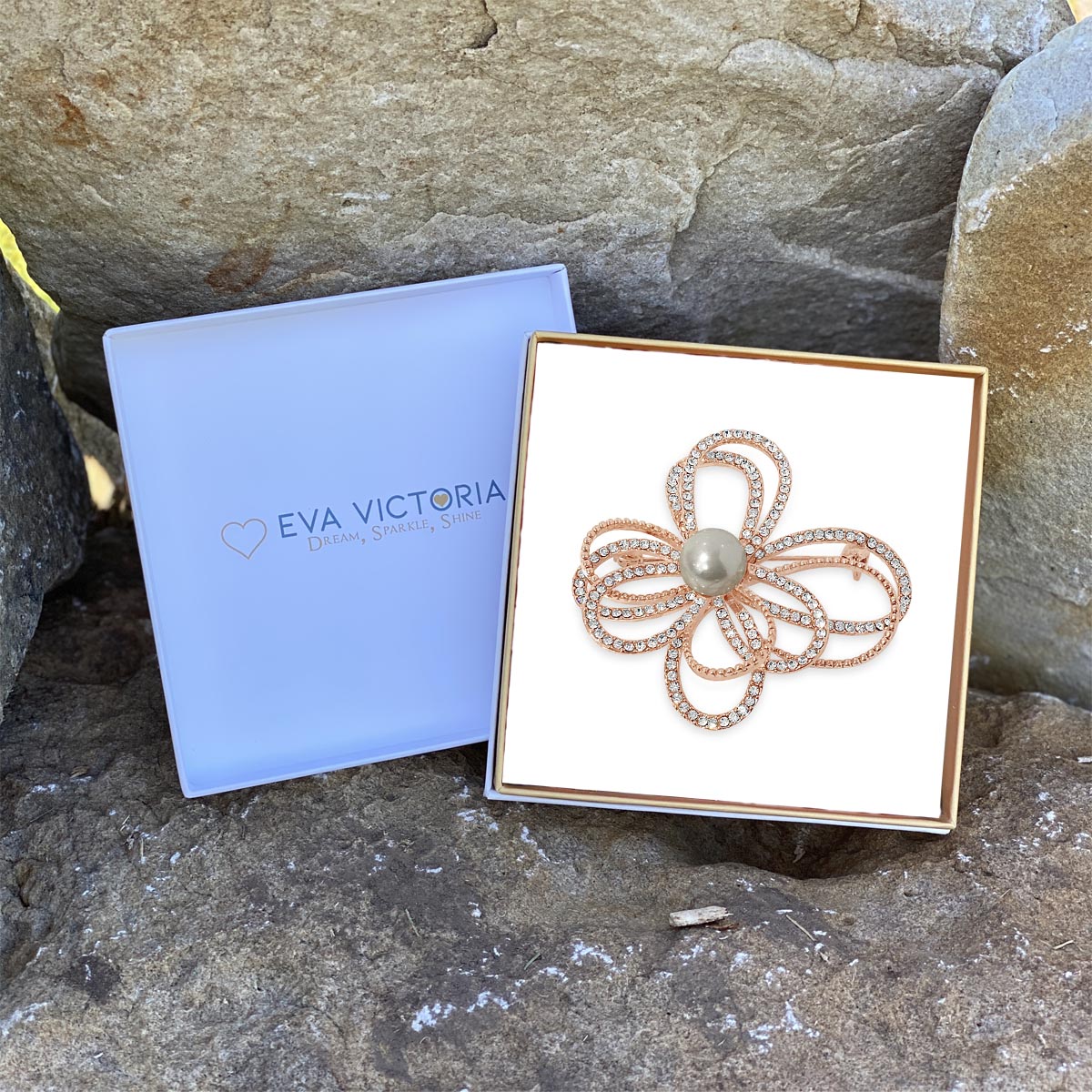 White Pearl Floral Diamante Rose Gold Brooch