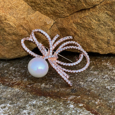 White Pearl Bow Diamante Rose Gold Brooch