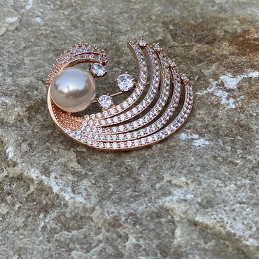 Wave Pink Pearl Diamante Rose Gold Brooch