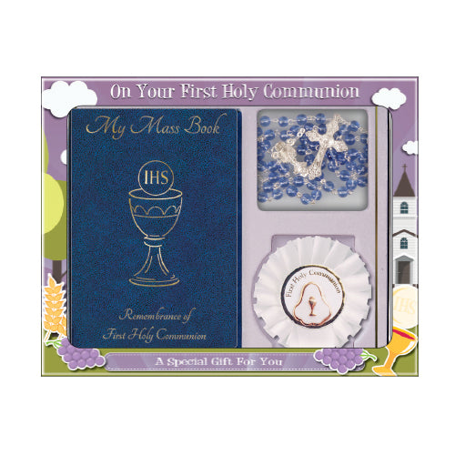 My Mass Book First Holy Communion Blue Rosary & Rosette Gift Set