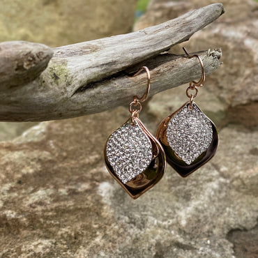 Jillian Two Tone Silver Rose Gold Rhombus Diamante Earrings Set