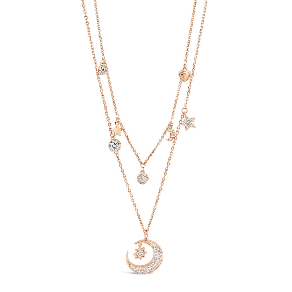 Moon Stars Charms Rose Gold Diamante Double Necklace