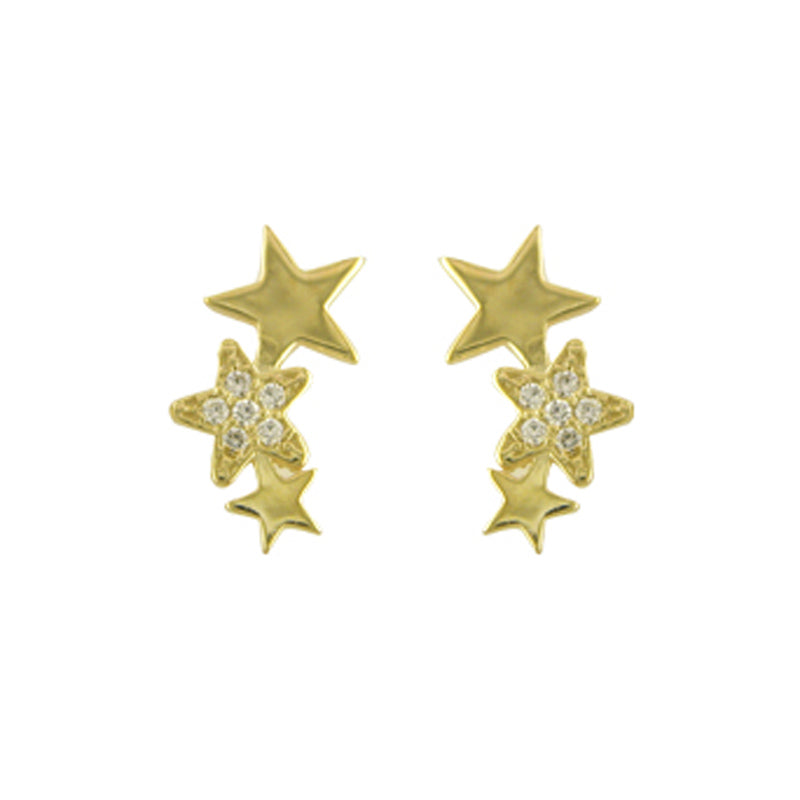 9ct Yellow Gold 3 Star Cubic Zirconia Ear Crawler Stud Earrings