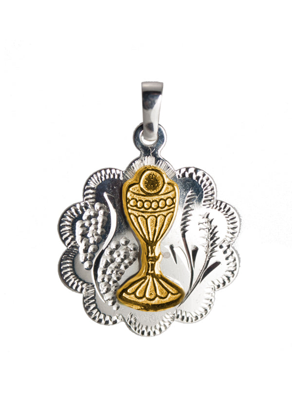 Engravable Communion Chalice Floral Sterling Silver Medal