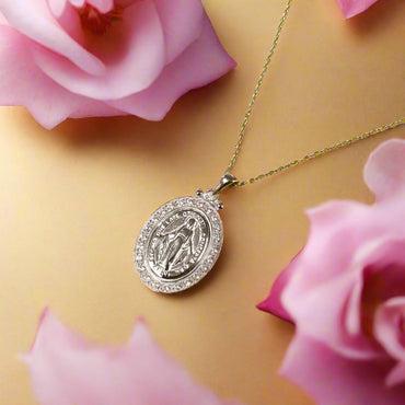 Engravable Sterling Silver Miraculous Medal with Cubic Zirconia