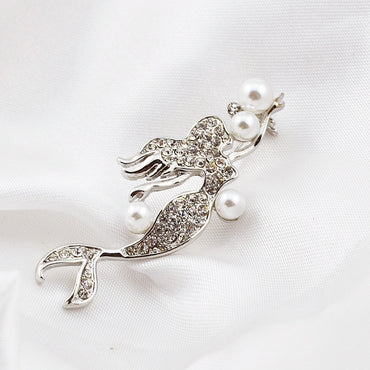Arial Pearl and Swarovski Mermaid Silver Pin Brooch - Eva Victoria