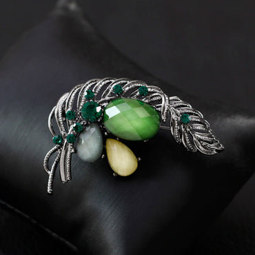 Autumn Green Flower Bouquet Antique Silver Agate Brooch