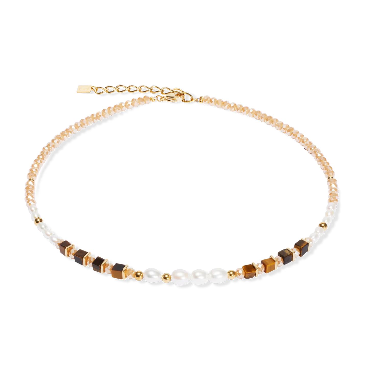 Necklace with gold, brown, and white beads on a white background