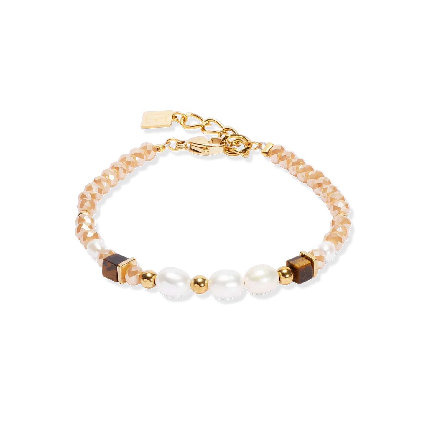 Bracelet with gold, brown, and pearl beads on a white background