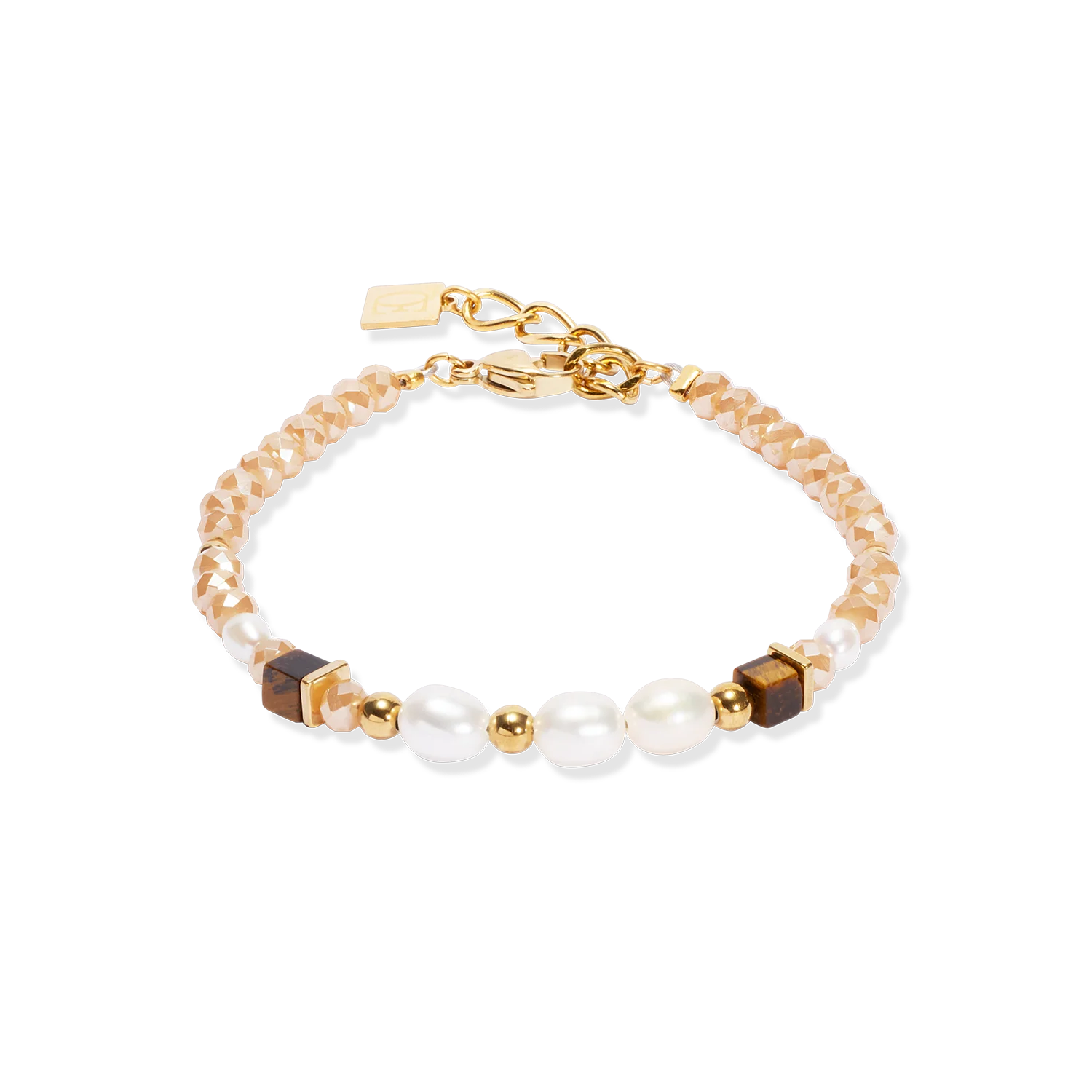 Bracelet with gold, brown, and pearl beads on a white background