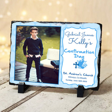 Personalised Confirmation Photo on a Slate in Blue