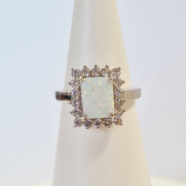 Sterling Silver Rectangular White Opal Cluster Ring