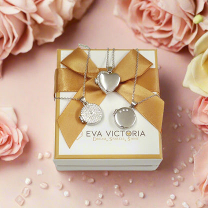 3 sterling silver photo lockets on gift box personalised with engraving ireland