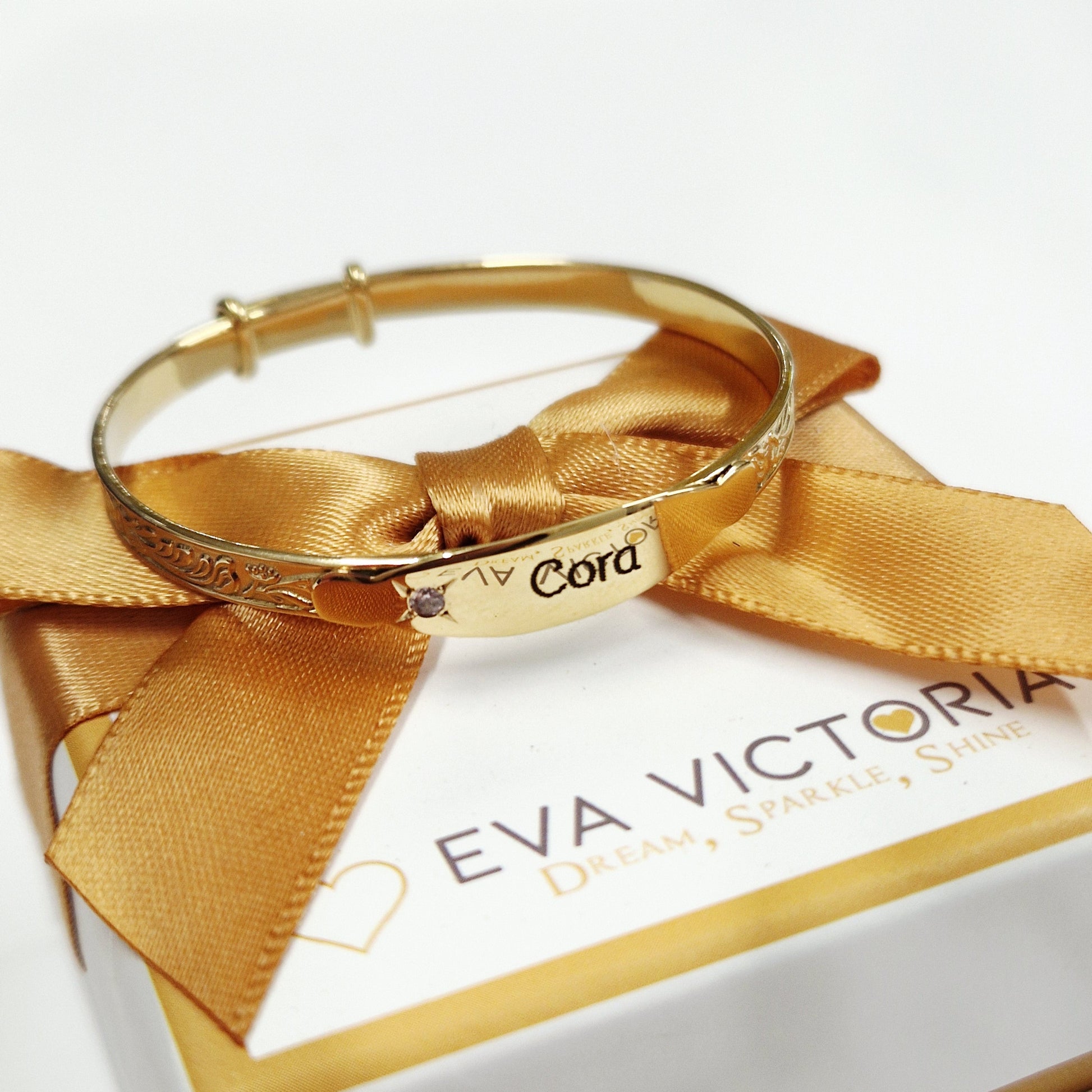 Eva Victoria christening jewellery - gold plated baby bangle with pink CZ, ideal newborn or christening gift