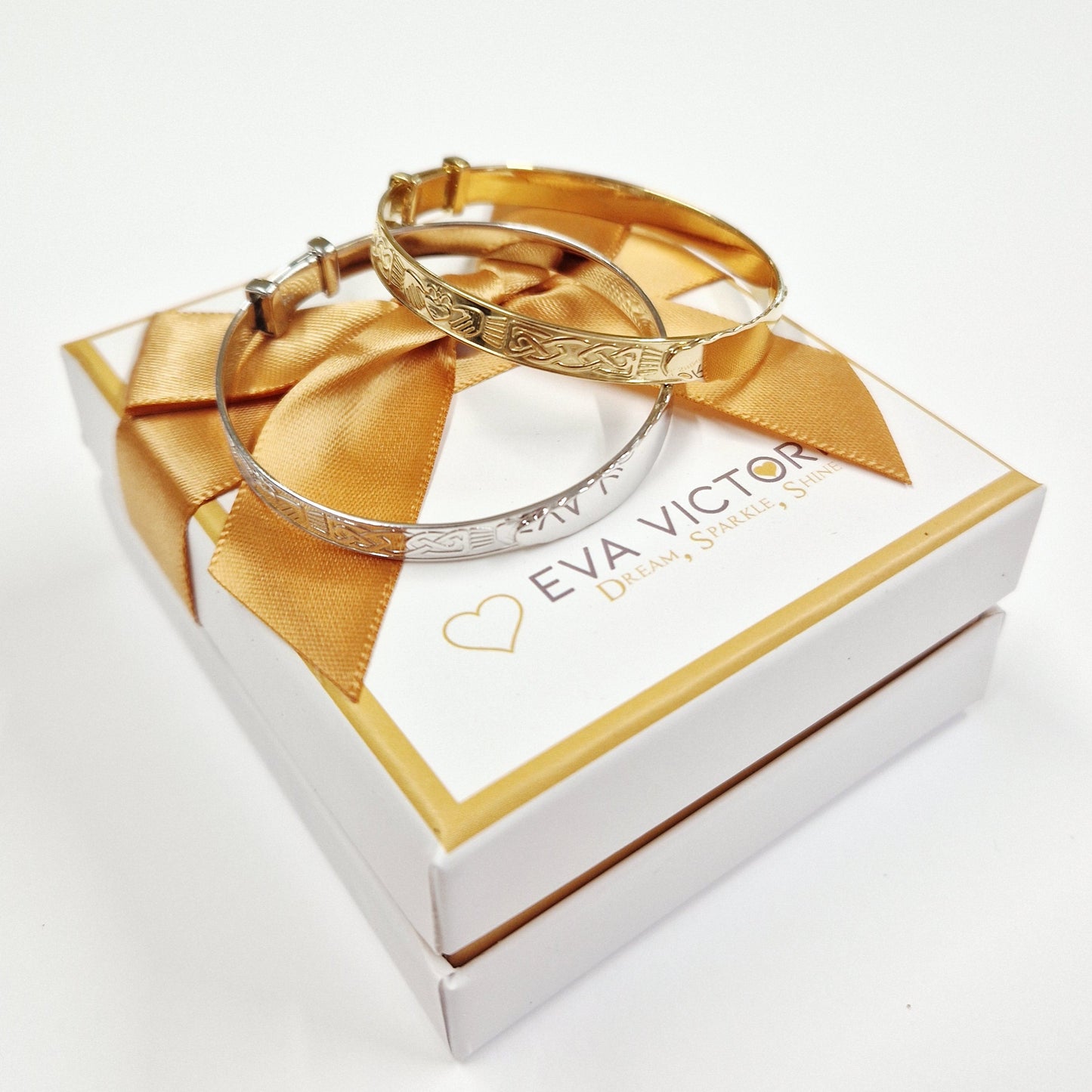 gold and silver claddagh baby bangle for christening gift ireland