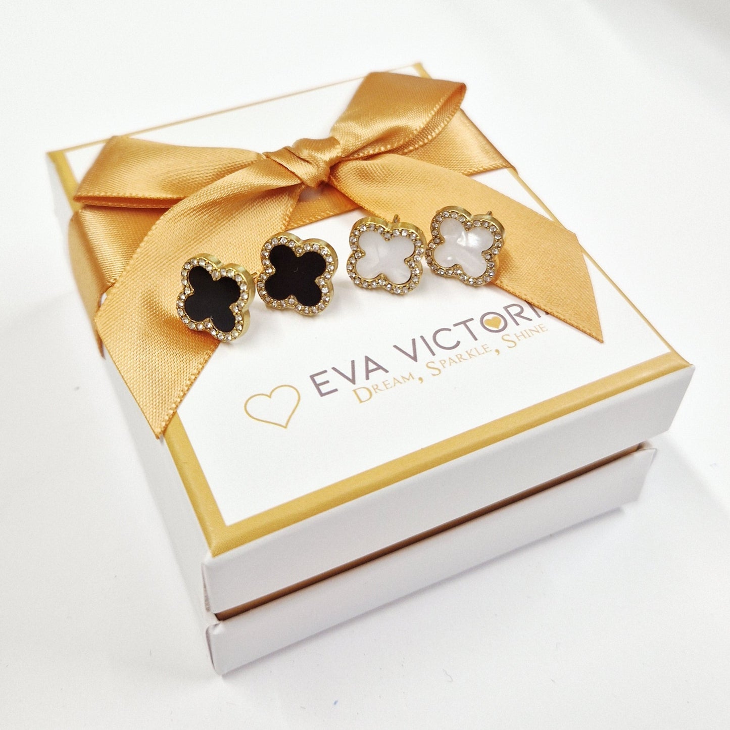 gold plated clover stud earrings with crystals eva victoria jewellery ireland