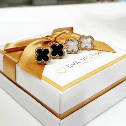 black and mother of pearl stylish gold clover stud earrings eva victoria jewellery brand