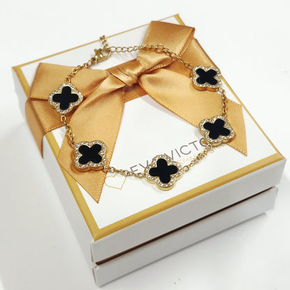 Eva Victoria Gold 4 Leaf Clover Black Agate Chain Bracelet