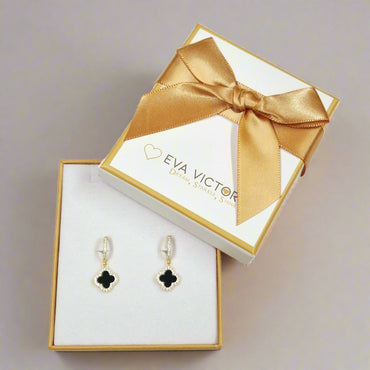 Gold plated clover hoop earrings with black agate clover charms Eva Victoria