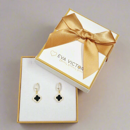 Gold plated clover hoop earrings with black agate clover charms Eva Victoria