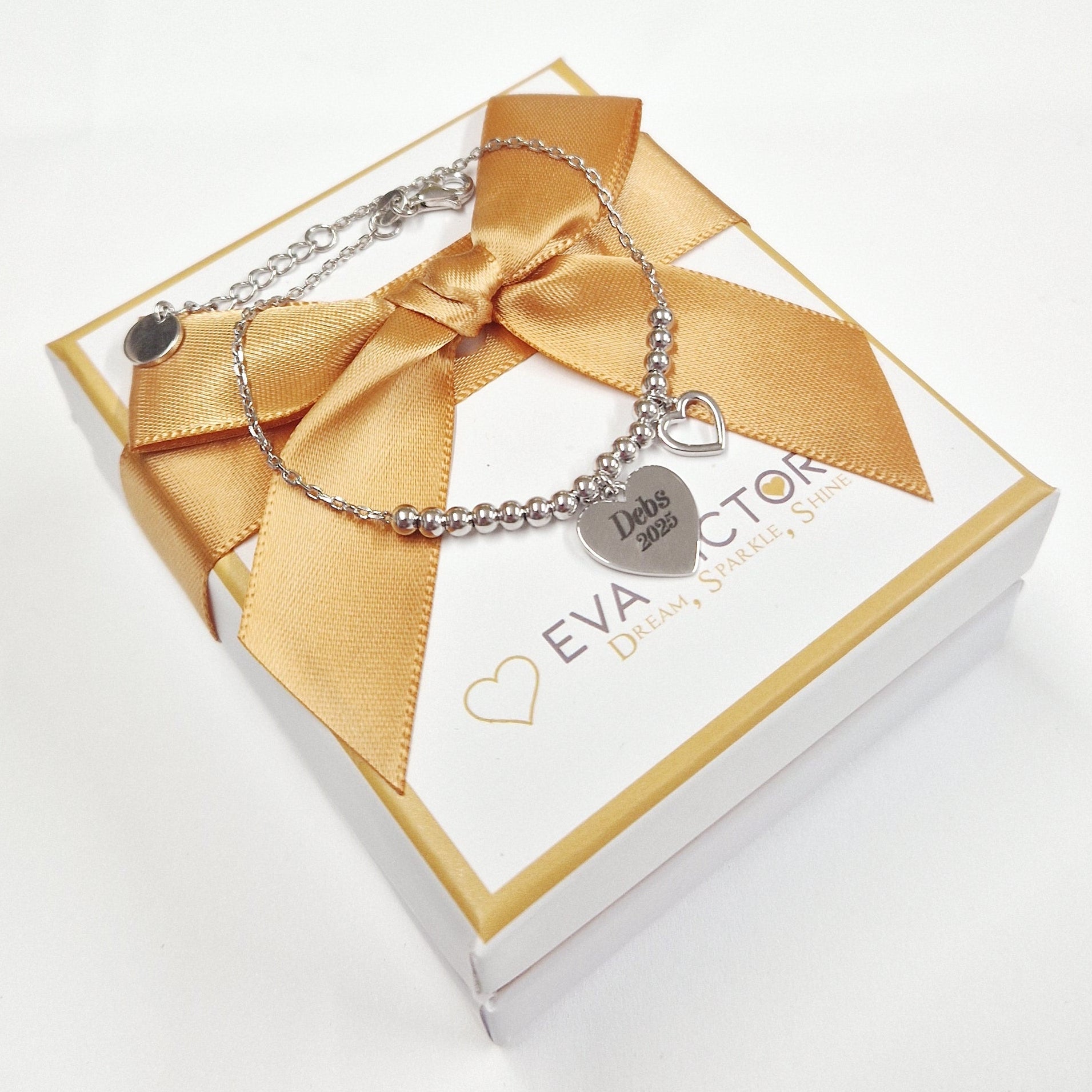 sterling silver bead bracelet with engraving on heard charm for Debs - Eva Victoria Ireland