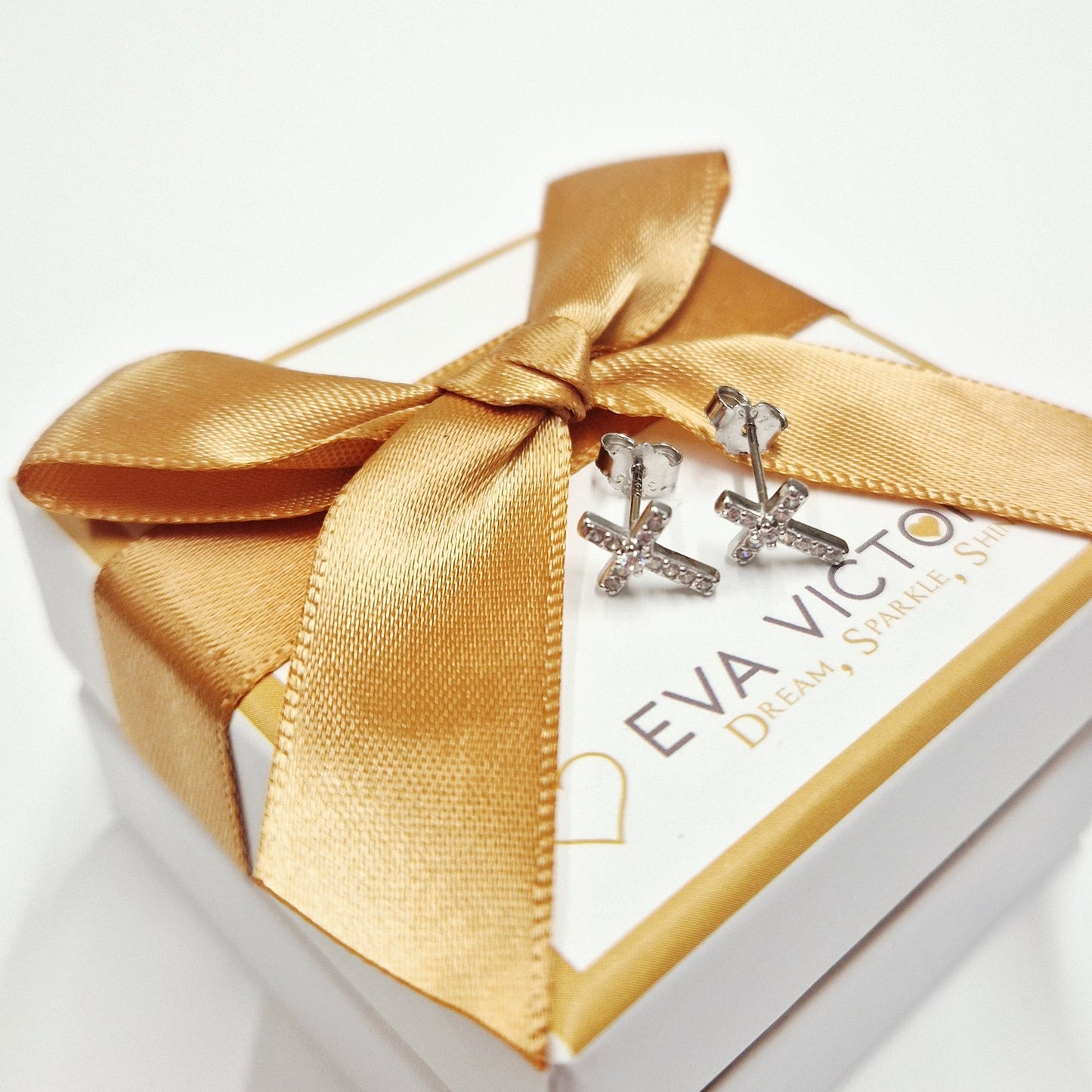 Eva Victoria Sterling Silver Cross Stud Earrings with Cubic Zirconia 10mm