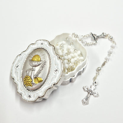 holy communion white rosaries in silver gift box for girls in ireland