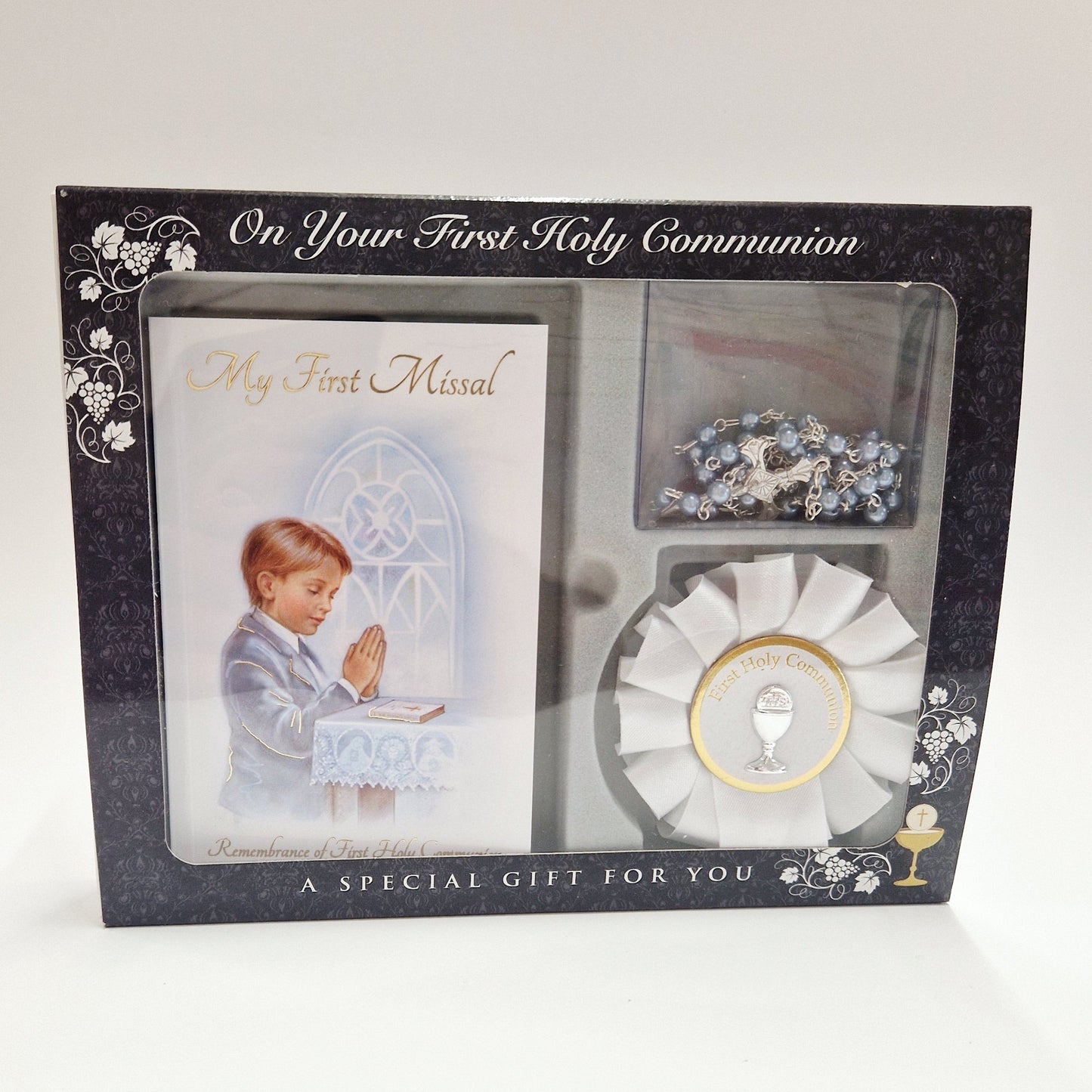 holy communion boys rosette and blue rosary beads gift set