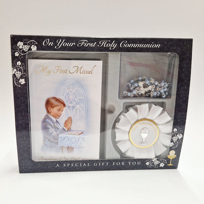 holy communion boys rosette and blue rosary beads gift set