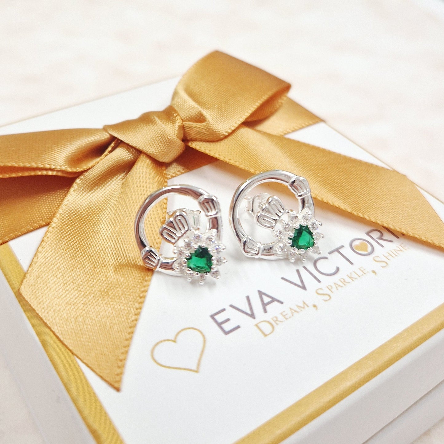 Sterling Silver Claddagh Stud Earrings with Emerald Heart 15mm