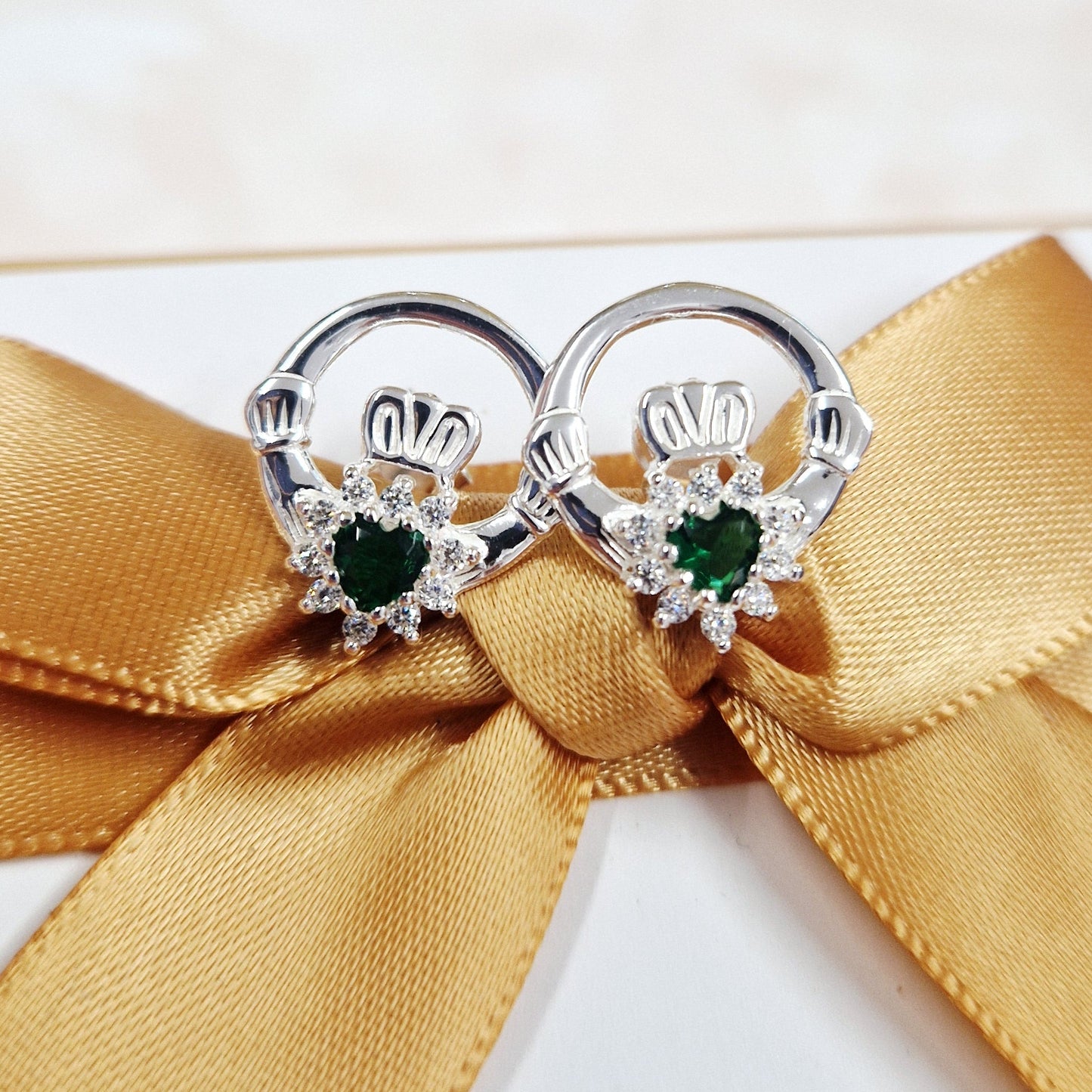 Sterling Silver Claddagh Earrings with Emerald in Ireland