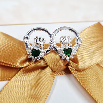 Sterling Silver Claddagh Earrings with Emerald in Ireland
