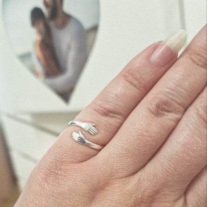 Sterling Silver Hug Ring - Adjustable Open Hands Ring