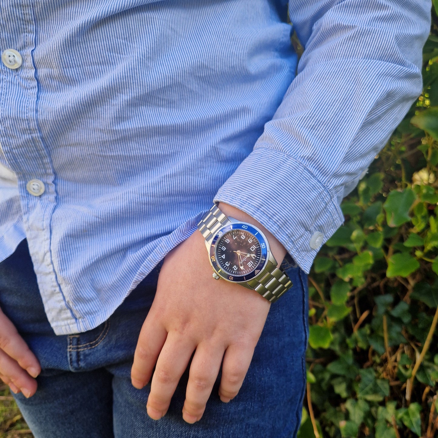 blue steel watch for boys communion on model