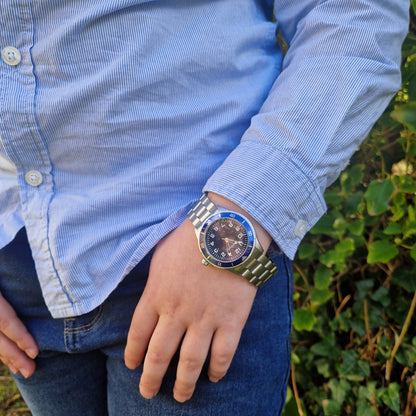 blue steel watch for boys communion on model