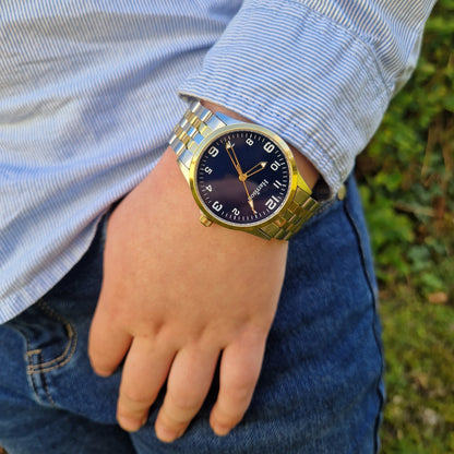 Two-Tone Boys Watch - Gold & Silver & Interchangeable Navy Strap