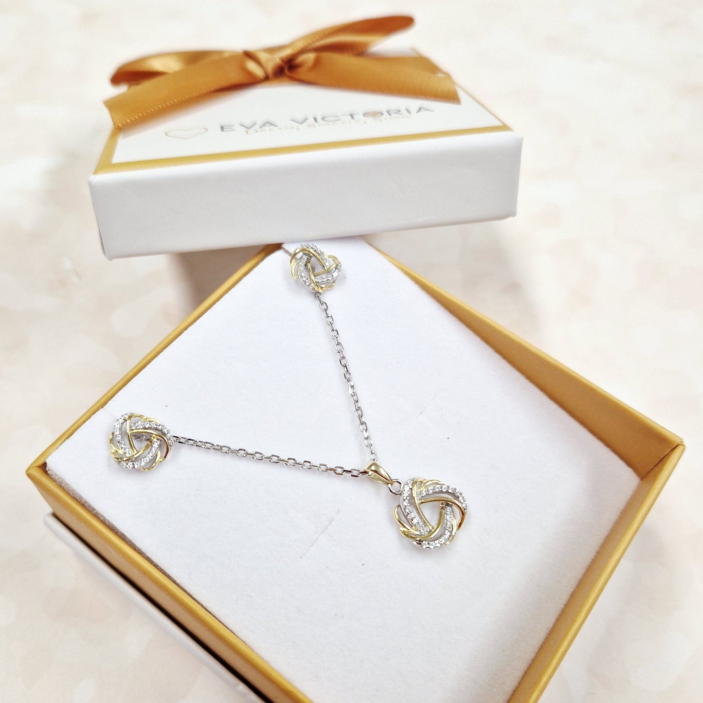 Sterling Silver Two Tone Eternal Knot Pendant & Earrings Set