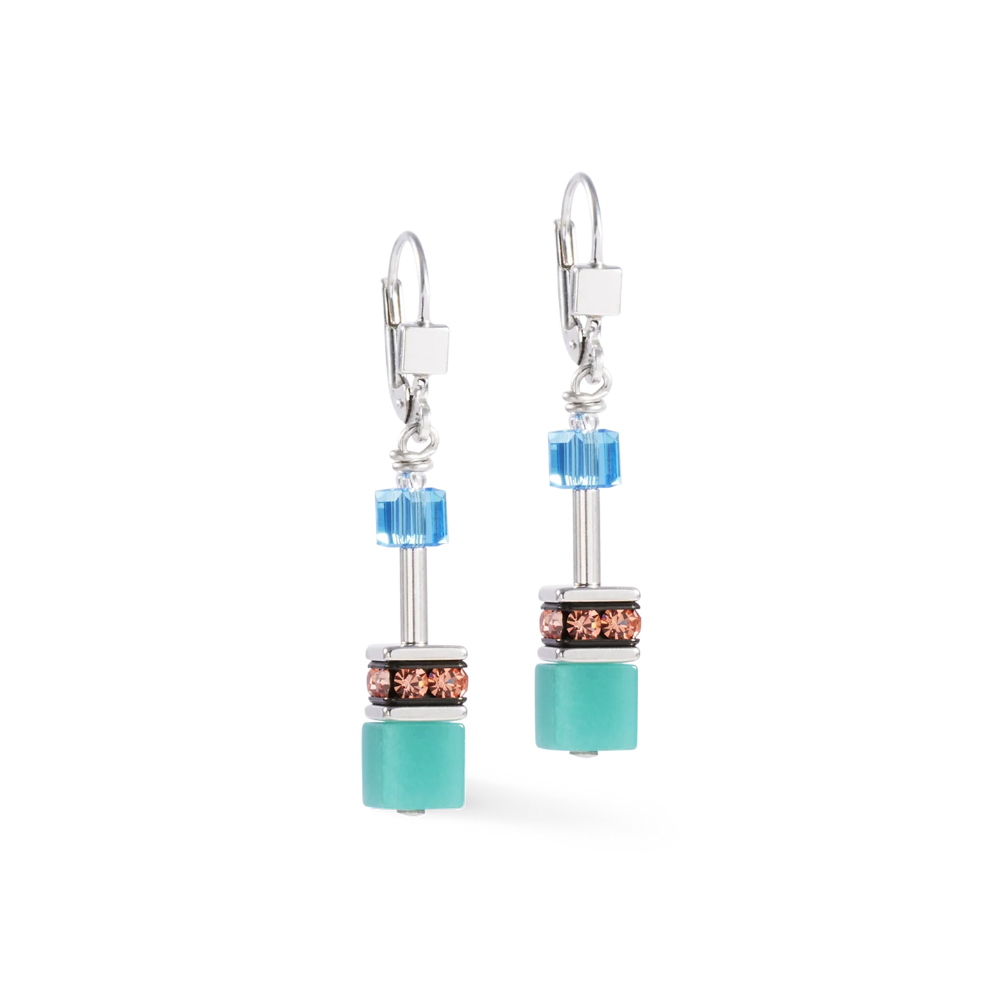 Pair of earrings with turquoise and blue beads on a white background