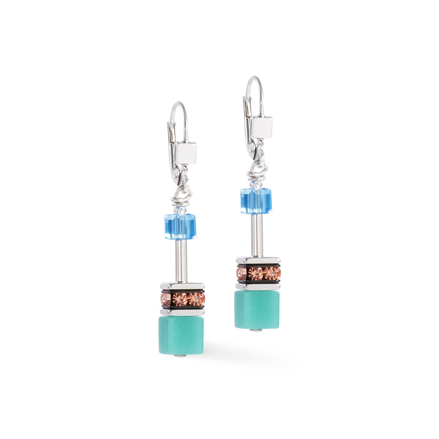 Pair of earrings with turquoise and blue beads on a white background
