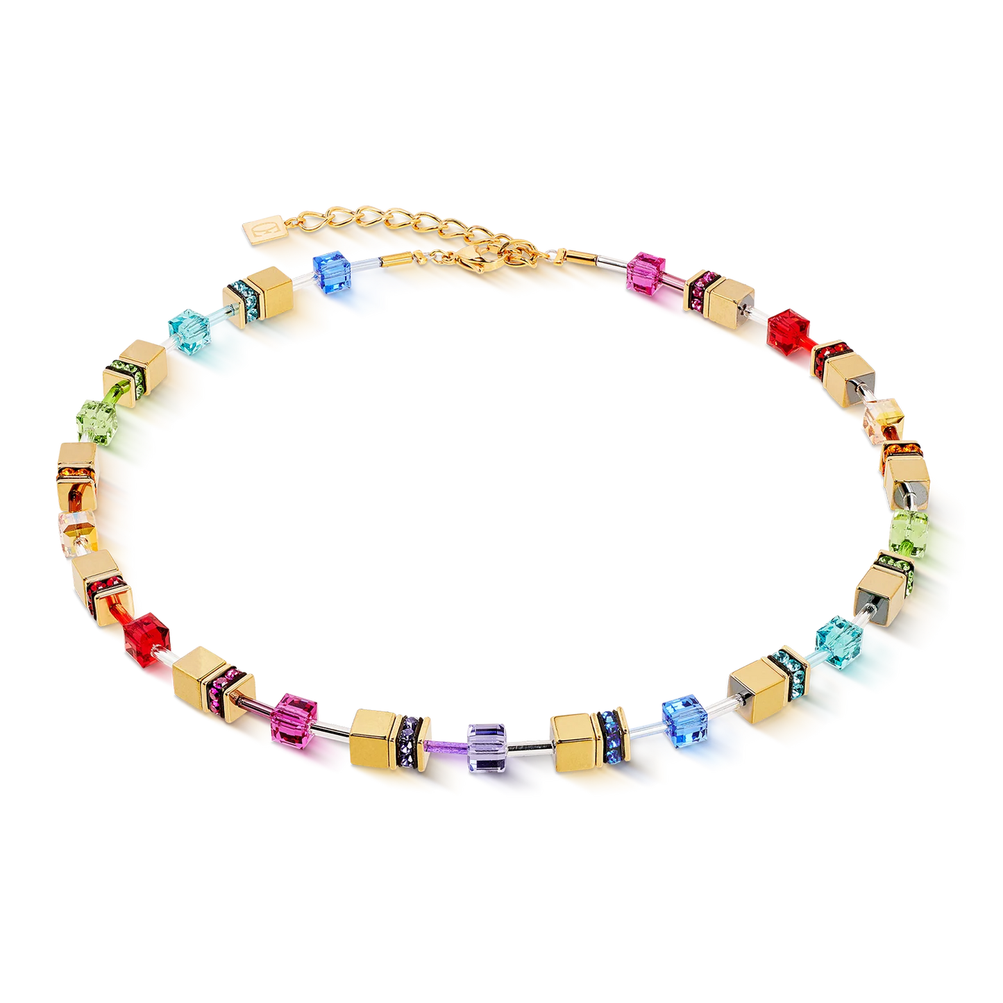 Colorful beaded necklace with gold chain on a white background
