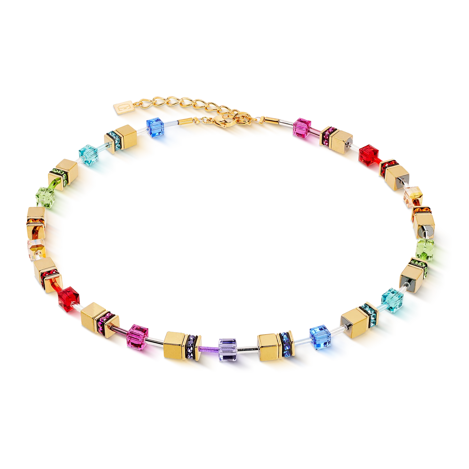 Colorful beaded necklace with gold chain on a white background