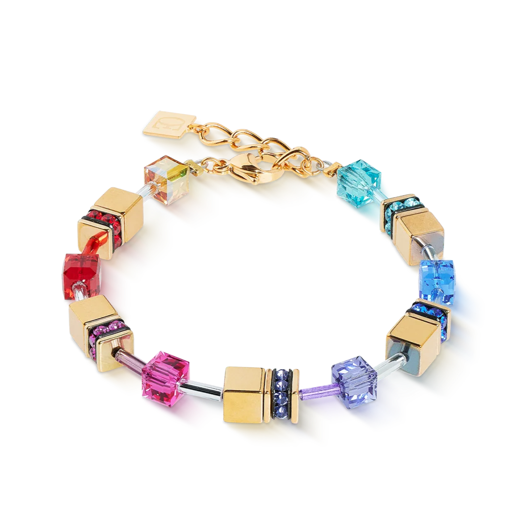 Colorful beaded bracelet with gold accents on a white background