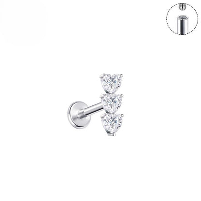 Titanium 3 Hearts Flat Back Labret Earing with Cubic Zirconia