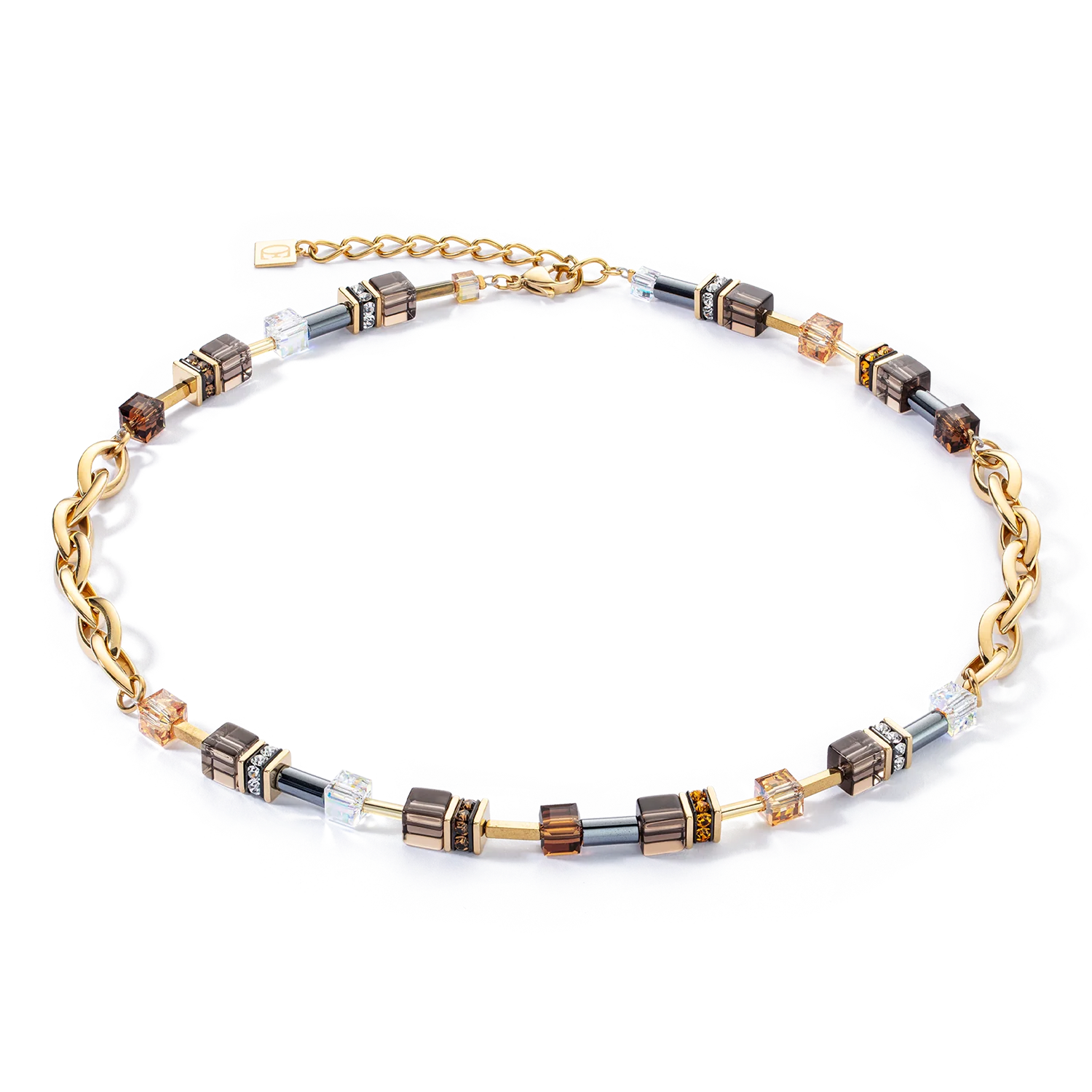 Gold and silver cube necklace on a white background