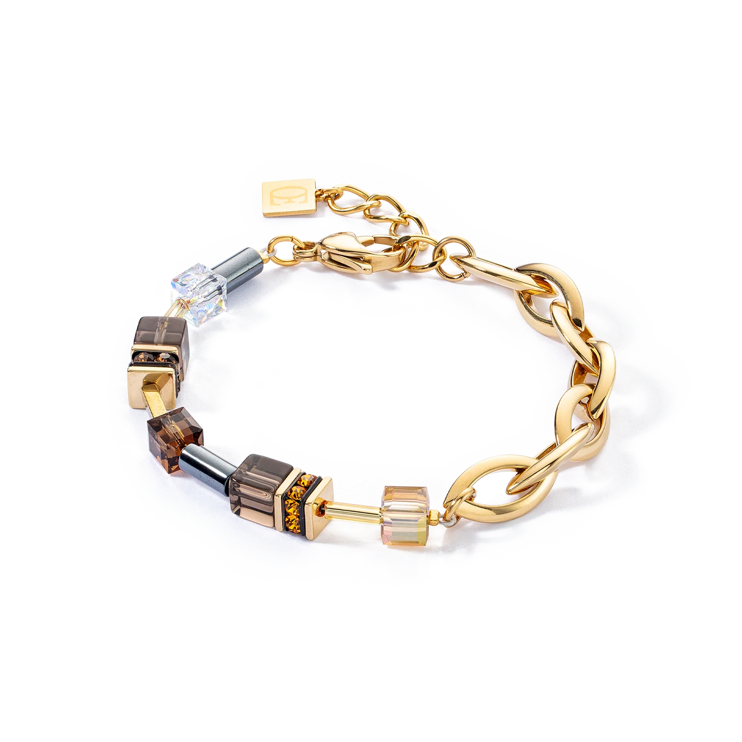 Gold chain bracelet with colored beads on a white background