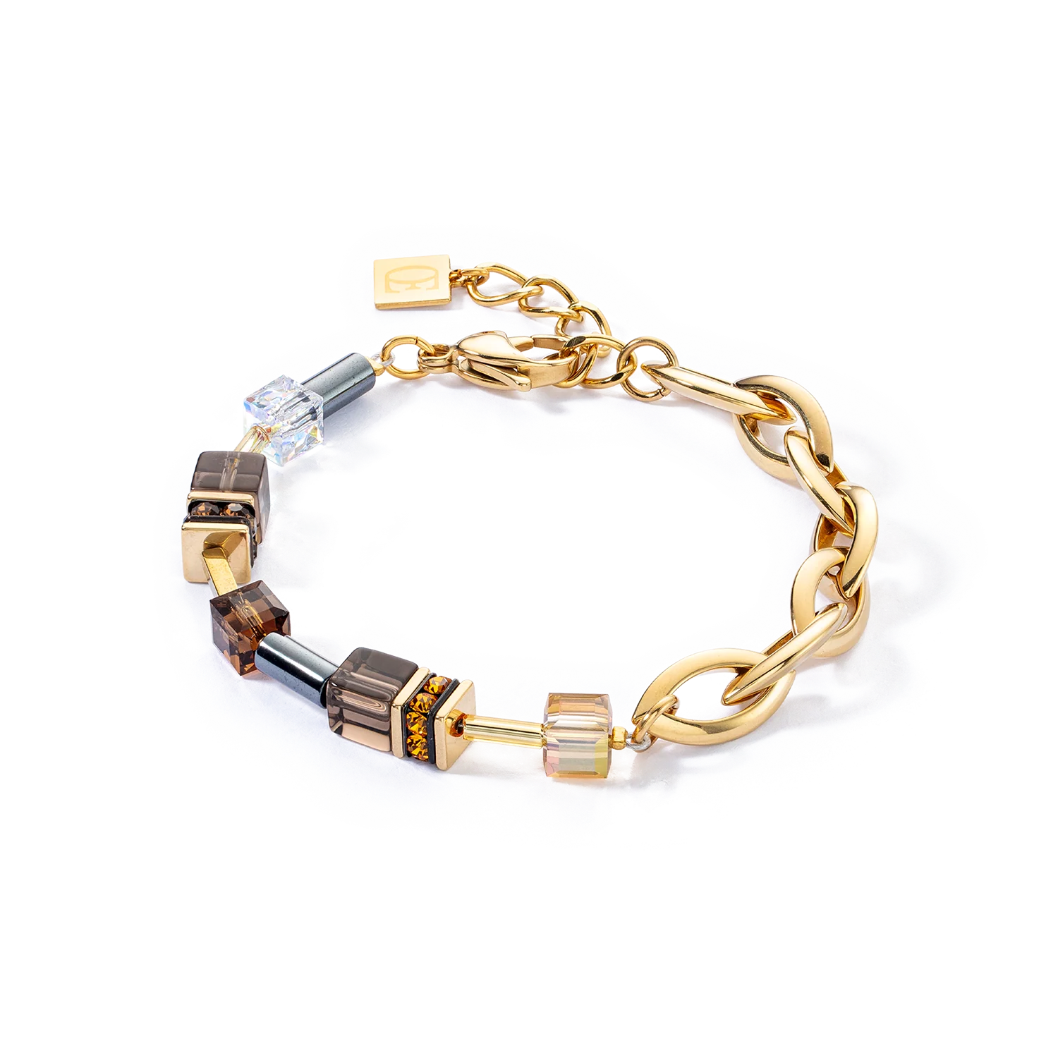 Gold chain bracelet with colored beads on a white background